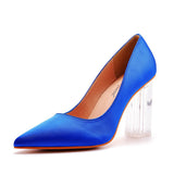 Simple Satin Slip on Pointed Toe Transparent Block Heels