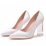 Simple Satin Slip on Pointed Toe Transparent Block Heels