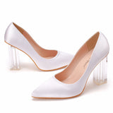 Simple Satin Slip on Pointed Toe Transparent Block Heels