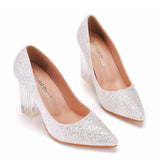 Simple Satin Slip on Pointed Toe Transparent Block Heels