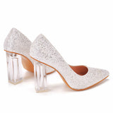 Simple Satin Slip on Pointed Toe Transparent Block Heels