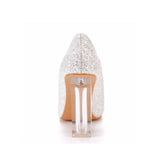 Simple Satin Slip on Pointed Toe Transparent Block Heels