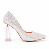 Simple Satin Slip on Pointed Toe Transparent Block Heels