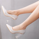 Simple Satin Slip on Pointed Toe Transparent Block Heels