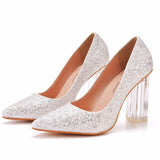 Simple Satin Slip on Pointed Toe Transparent Block Heels