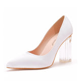 Simple Satin Slip on Pointed Toe Transparent Block Heels