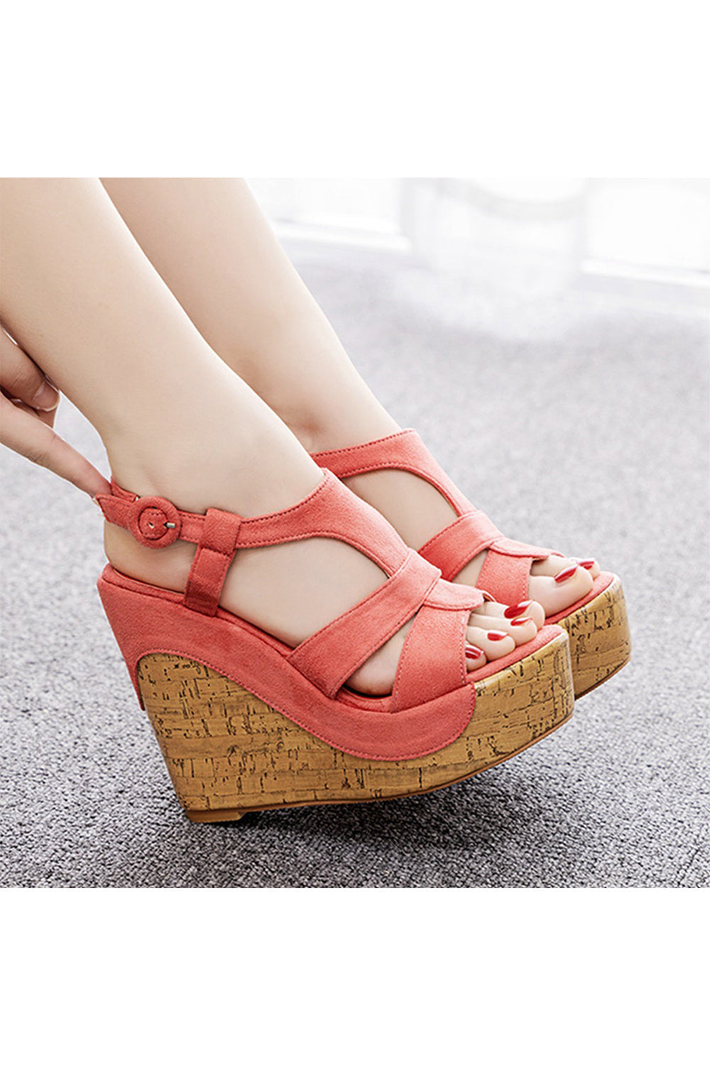 Suede Wood Grain Peep Toe Platform Wedges Sandals