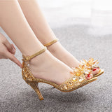 Crystal Rhinestone Decor Peep Toe Stiletto Ankle Strap High Heels