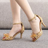 Crystal Rhinestone Decor Peep Toe Stiletto Ankle Strap High Heels