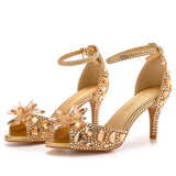 Crystal Rhinestone Decor Peep Toe Stiletto Ankle Strap High Heels