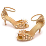 Crystal Rhinestone Decor Peep Toe Stiletto Ankle Strap High Heels