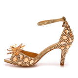 Crystal Rhinestone Decor Peep Toe Stiletto Ankle Strap High Heels