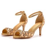 Crystal Rhinestone Peep Toe High Heels Ankle Strap Sandals