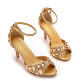 Crystal Rhinestone Peep Toe High Heels Ankle Strap Sandals