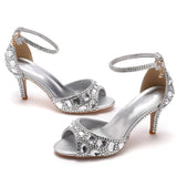 Crystal Rhinestone Peep Toe High Heels Ankle Strap Sandals