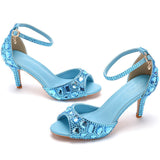 Crystal Rhinestone Peep Toe High Heels Ankle Strap Sandals