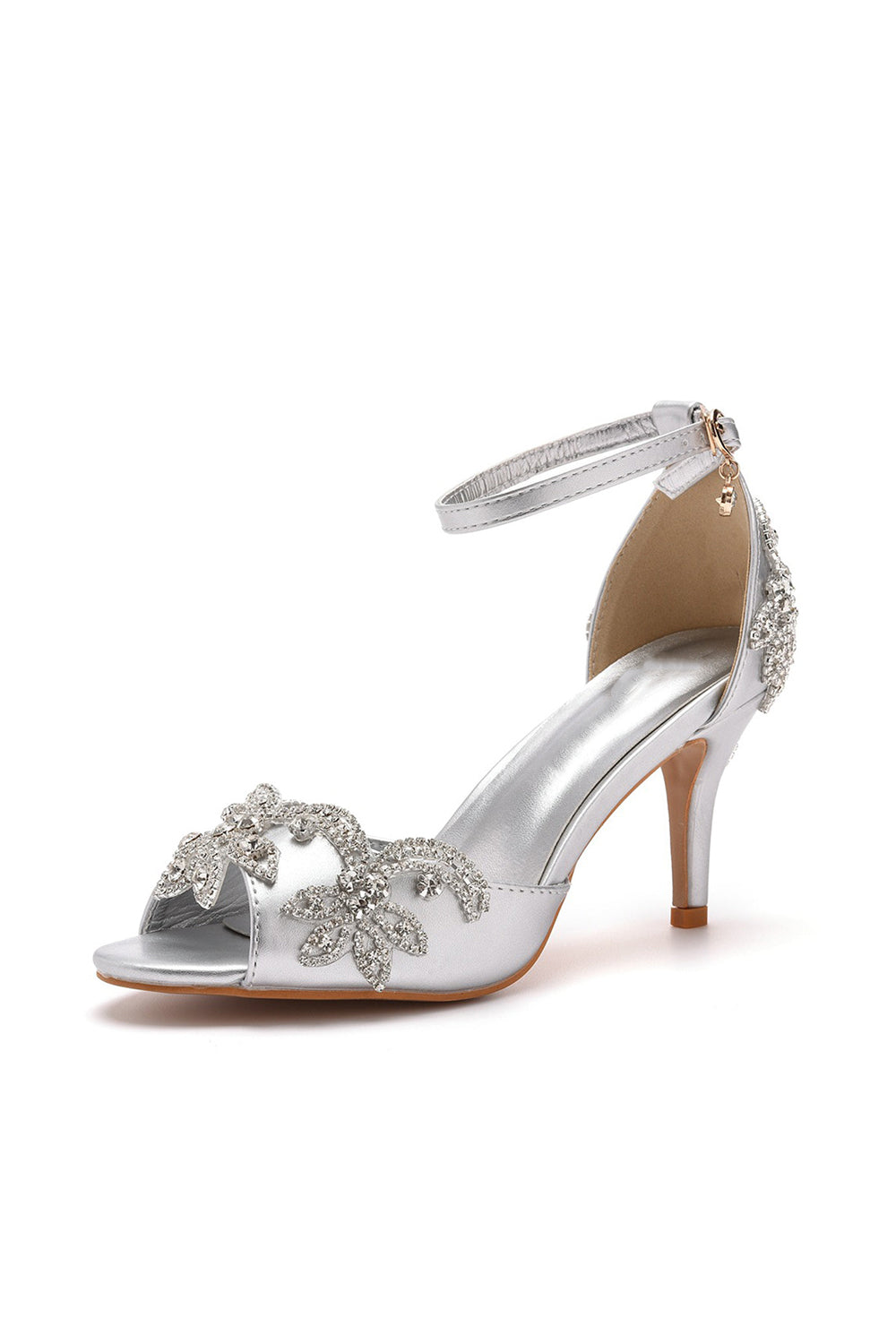 Peep Toe Satin Rhinestone Ankle Strap High Heels