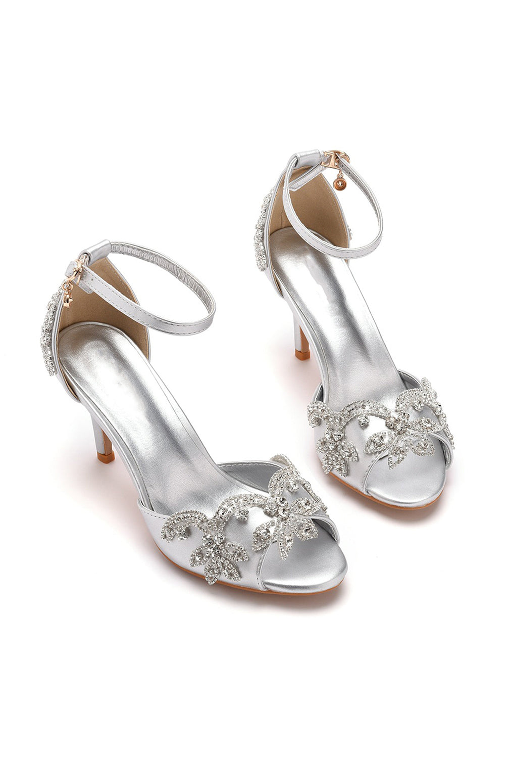 Peep Toe Satin Rhinestone Ankle Strap High Heels