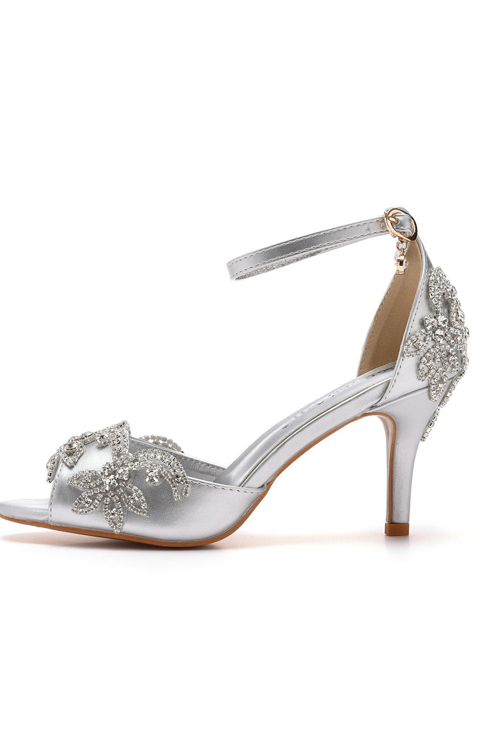 Peep Toe Satin Rhinestone Ankle Strap High Heels