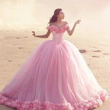 Off Shoulder Flowers Tulle Ball Gown Pink Quinceanera Dresses