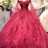 Hilary | Red Long Sleeves 3D Flowers Quinceanera Dresses Appliqued