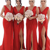 Rust Sheath Chiffon Ruched Long Bridesmaid Dress with Slit