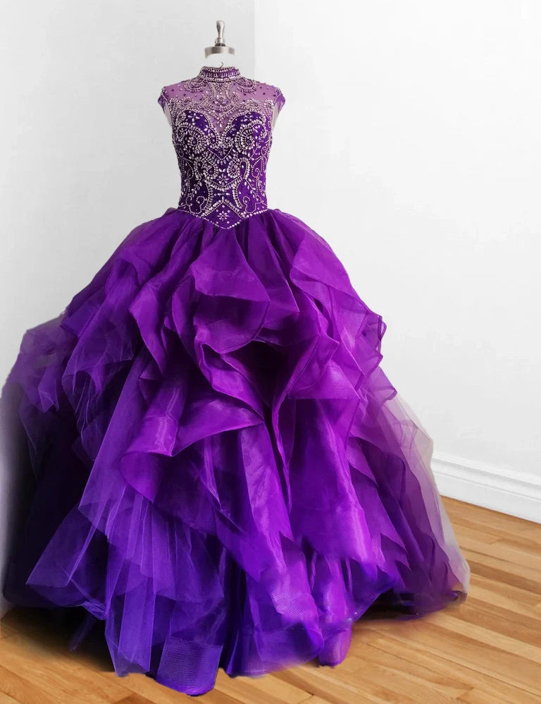 Royal Blue Organza High Neck Quinceanera Dresses Burgundy Prom Dresses