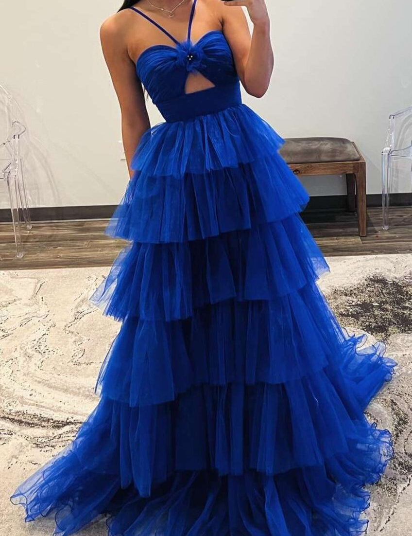 Emmeline| Blue Print Halter Keyhole Ruffle Tiered Long Prom Dress