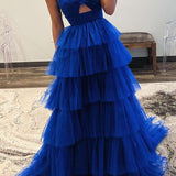 Emmeline| Blue Print Halter Keyhole Ruffle Tiered Long Prom Dress