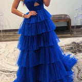 Emmeline| Blue Print Halter Keyhole Ruffle Tiered Long Prom Dress