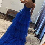 Emmeline| Blue Print Halter Keyhole Ruffle Tiered Long Prom Dress