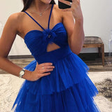 Emmeline| Blue Print Halter Keyhole Ruffle Tiered Long Prom Dress