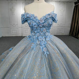 Quinceanera Blue  Off-the-Shoulder  Ball Gown Flower Dress