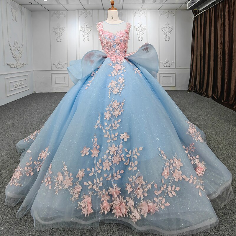 Quinceanera Blue Flower Ball Gown Dress