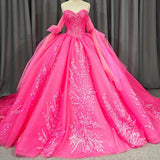 Lace Hot Pink Sequins Ball Gown Quinceañera Dress