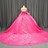 Lace Hot Pink Sequins Ball Gown Quinceañera Dress