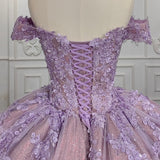 Quinceanera Purple  Off-the-Shoulder Ball Gown Flower Dress