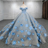 Quinceanera Blue  Off-the-Shoulder  Ball Gown Flower Dress