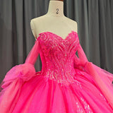 Lace Hot Pink Sequins Ball Gown Quinceañera Dress