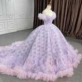 Quinceañera lace  Off-the-Shoulder Ball Gown Purple Sequined Dress