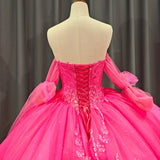 Lace Hot Pink Sequins Ball Gown Quinceañera Dress