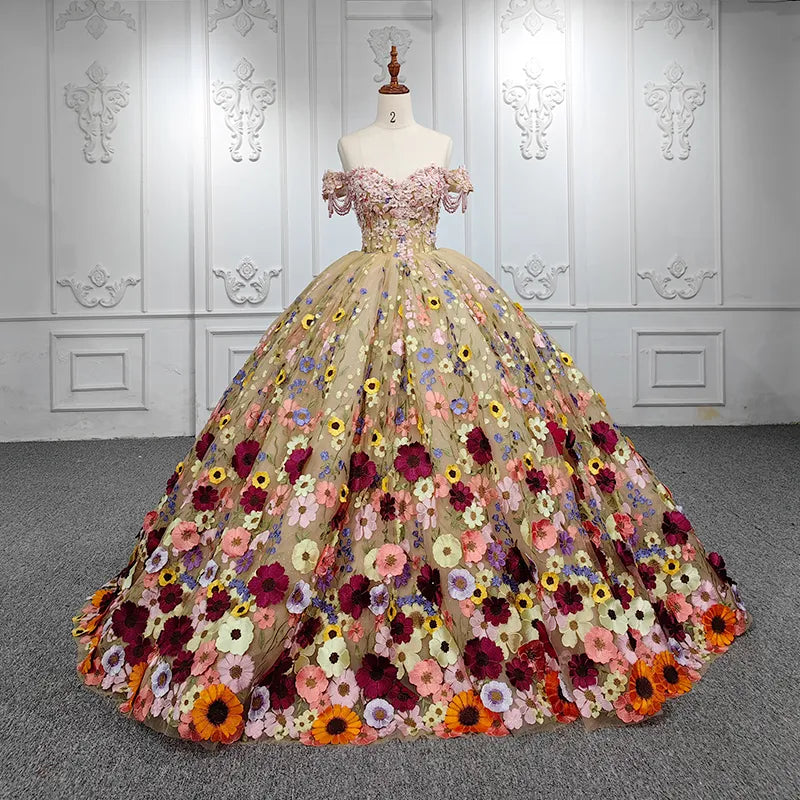 Quinceanera Flower  Off-the-Shoulder Ball Gown Dress