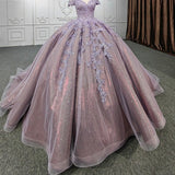 Quinceanera Purple  Off-the-Shoulder Ball Gown Flower Dress