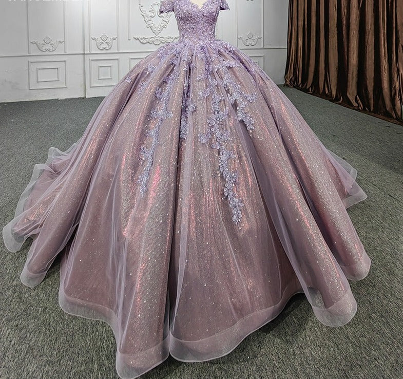 Quinceanera Purple  Off-the-Shoulder Ball Gown Flower Dress