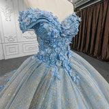 Quinceanera Blue  Off-the-Shoulder  Ball Gown Flower Dress