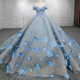 Quinceanera Blue  Off-the-Shoulder  Ball Gown Flower Dress