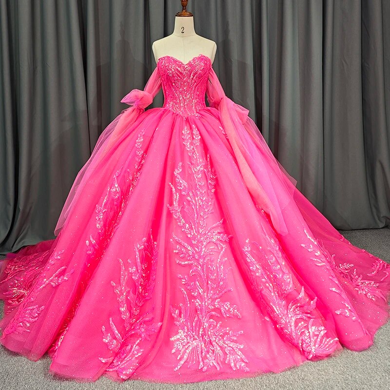 Lace Hot Pink Sequins Ball Gown Quinceañera Dress