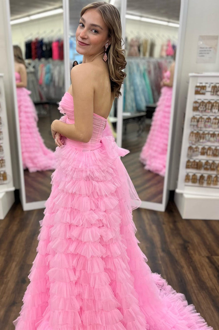 Reyna |Ball Gown Sweetheart Pink Tiered Printed Tulle Prom Dress