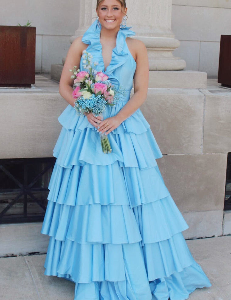 Flora | Halter Red Ruffle Tiered A-Line Prom Dress