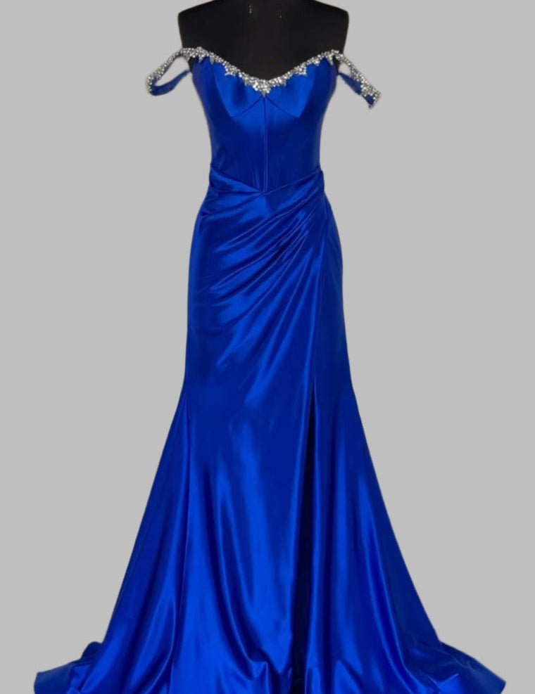 Bellamy | Off the Shoulder Beaded Blue Mermaid Prom Dress with Slit